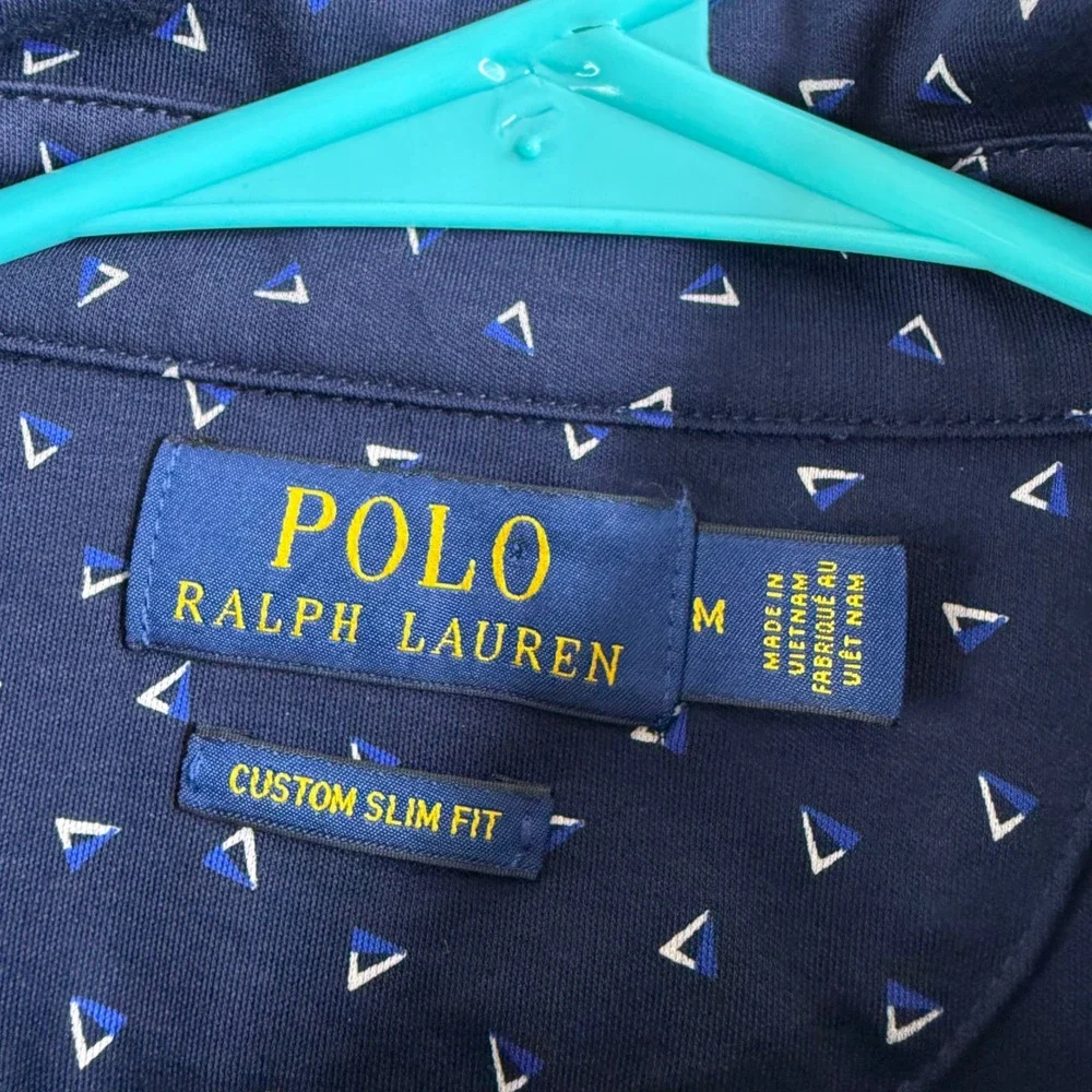 Polo Ralph Lauren Custom Slim Fit Geometric Print Polo Shirt Mens Size M Navy